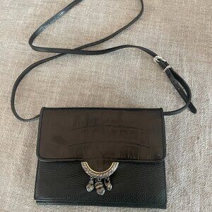 Brighton Croc & Pebble Leather Black Cross Body Tri-Fold Purse 8" x 5.5"!